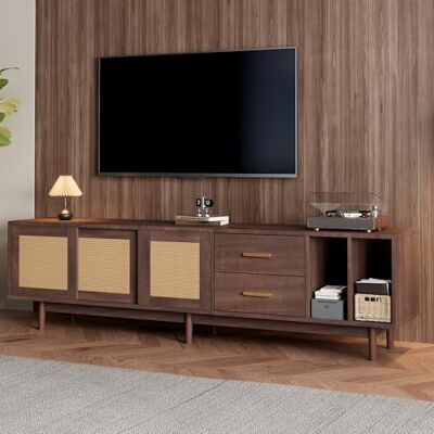 Merax TV Ständer, Lowboard TV Board mit Rattan-Schiebetür, Schublade, Offene Staufächer, TV-Schrank für 75-Zoll-Fernseher, Landhausstil Sideboard, Fernsehschrank für Wohnzimmer Esszimmer, 190cm, Braun Merax TV Ständer, Lowboard TV Board mit Rattan-Schiebetür, Schublade, Offene Staufächer, TV-Schrank für 75-Zoll-Fernseher, Landhausstil Sideboard, Fernsehschrank für Wohnzimmer Esszimmer, 190cm, Braun