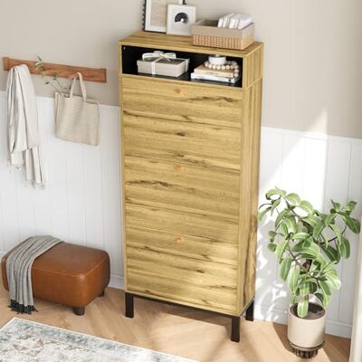 Merax Schmaler Schuhschrank 63x24x147cm, mit 3 Klappen & offenen Fächern, Höhe 147 cm – für Flur, Holzfarbe Merax Schmaler Schuhschrank 63x24x147cm, mit 3 Klappen & offenen Fächern, Höhe 147 cm – für Flur, Holzfarbe