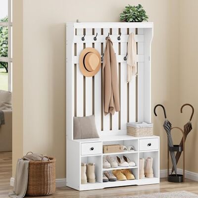 YITAHOME Garderobenständer mit Schuhbank, Garderobe 9 Haken, Flurgarderobe Kleiderständer Schuhschrank 2 Stoff Schubladen, Garderobenschrank Holz Schuhschrank für Diele Flur Wohnzimmer, 100x35x180cm YITAHOME Garderobenständer mit Schuhbank, Garderobe 9 Haken, Flurgarderobe Kleiderständer Schuhschrank 2 Stoff Schubladen, Garderobenschrank Holz Schuhschrank für Diele Flur Wohnzimmer, 100x35x180cm