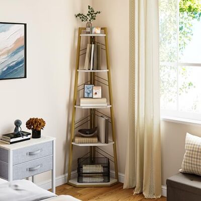 YITAHOME Eckregal, 5-stöckiges Leiterregal, Industrielles Bücherregal, Bodenstehendes Regal, Offenes Standregal aus Holz, für Wohnzimmer, Flur, Schlafzimmer, Home-Office, Gold Lagerregal YITAHOME Eckregal, 5-stöckiges Leiterregal, Industrielles Bücherregal, Bodenstehendes Regal, Offenes Standregal aus Holz, für Wohnzimmer, Flur, Schlafzimmer, Home-Office, Gold Lagerregal