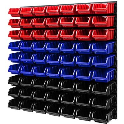 PAFEN Wandregal Stapelboxen Lagersystem 772 x 780 mm – 63 Stück Boxen Werkstatt Schüttenregal Werkzeuglochwand (Rot/Blau/Schwarz) PAFEN Wandregal Stapelboxen Lagersystem 772 x 780 mm – 63 Stück Boxen Werkstatt Schüttenregal Werkzeuglochwand (Rot/Blau/Schwarz)