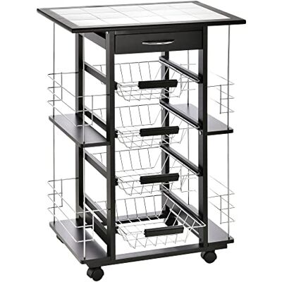 HOMCOM Servierwagen Küchenwagen mit Rollen, mehrere Fächer, 4 Körbe, Metall, Schublade + 4 Flaschenhalter, Kiefernholz, schwarz, Fliesenplatte, weiß HOMCOM Servierwagen Küchenwagen mit Rollen, mehrere Fächer, 4 Körbe, Metall, Schublade + 4 Flaschenhalter, Kiefernholz, schwarz, Fliesenplatte, weiß
