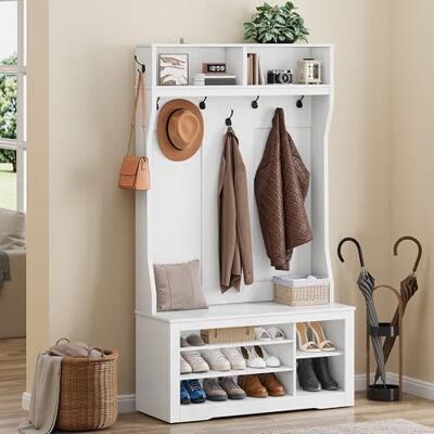 YITAHOME Garderobenständer mit Schuhbank, Schuhregal, Garderobe, Weiß Garderobenschrank Flurgarderobe mit 5 verstellbaren Schuhfächern 9 Haken & Oberschrank für Diele & Wohnzimmer 100x35x180.5cm YITAHOME Garderobenständer mit Schuhbank, Schuhregal, Garderobe, Weiß Garderobenschrank Flurgarderobe mit 5 verstellbaren Schuhfächern 9 Haken & Oberschrank für Diele & Wohnzimmer 100x35x180.5cm