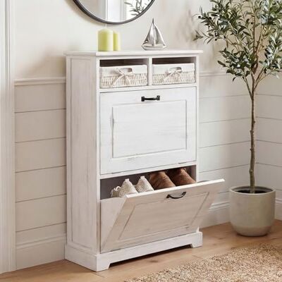 Mendler Schuhkipper HWC-H19AM 100x60x24cm Massiv-Holz weiß Schuhschrank, Schuhregal, Schuhablage, Shabby-Look, Korb-Schublade Mendler Schuhkipper HWC-H19AM 100x60x24cm Massiv-Holz weiß Schuhschrank, Schuhregal, Schuhablage, Shabby-Look, Korb-Schublade