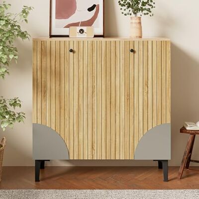 Merax Schuhschrank 90x32x94 cm in Holzoptik, 3 Türen & schwarzem Gestell – für Flur, Holzfarbe+Grau Merax Schuhschrank 90x32x94 cm in Holzoptik, 3 Türen & schwarzem Gestell – für Flur, Holzfarbe+Grau