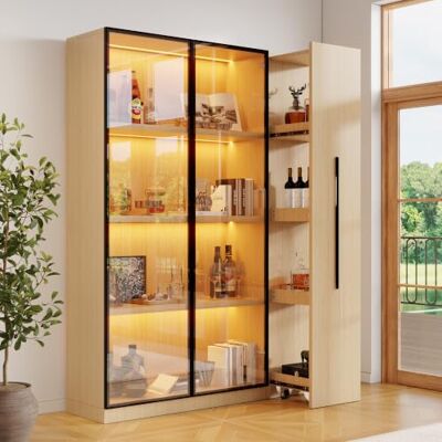 BTM Glasvitrine Stehend LED Schaukasten Vitrine Bücherregal mit Türen mit Rollen, Wohnzimmer Vitrinenschrank, Eiche BTM Glasvitrine Stehend LED Schaukasten Vitrine Bücherregal mit Türen mit Rollen, Wohnzimmer Vitrinenschrank, Eiche