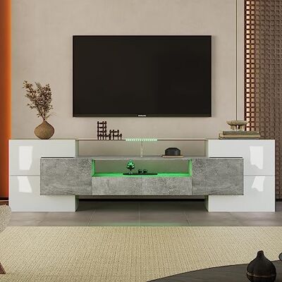 BTM TV Schrank 200 cm, LED Lowboard Hochglänzendes & Glasoberfläche, Möbel Fernseher Board Kommode Sideboard Cabinet Fernsehschrank (Weiß & Grau, 200x60x30cm) BTM TV Schrank 200 cm, LED Lowboard Hochglänzendes & Glasoberfläche, Möbel Fernseher Board Kommode Sideboard Cabinet Fernsehschrank (Weiß & Grau, 200x60x30cm)
