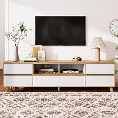Merax Lowboard TV Board, TV Schrank mit 5 Türen und 2 offenes Fächer, TV Ständer mit viel Stauraum, Landhausstil Sideboard, Fernsehschrank für Wohnzimmer Esszimmer, 175 x 37 x 51 cm, Weiß & Holzfarbe Merax Lowboard TV Board, TV Schrank mit 5 Türen und 2 offenes Fächer, TV Ständer mit viel Stauraum, Landhausstil Sideboard, Fernsehschrank für Wohnzimmer Esszimmer, 175 x 37 x 51 cm, Weiß & Holzfarbe