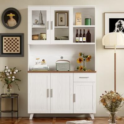 Merax Hochschrank 114x40x190 cm, mit 5 Türen, Schublade & Vitrine, Landhausstil Aufbewahrungsschrank für Wohnzimmer & Esszimmer, viel Stauraum, einfache Montage, Weiß Merax Hochschrank 114x40x190 cm, mit 5 Türen, Schublade & Vitrine, Landhausstil Aufbewahrungsschrank für Wohnzimmer & Esszimmer, viel Stauraum, einfache Montage, Weiß