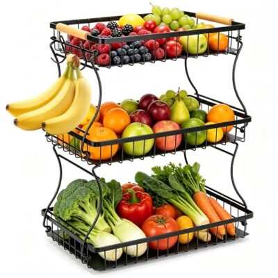 Romon Obstkorb Schwarz 3 Etagen, Metall Obst Etagere mit Haken, Abnehmbar & Großer Kapazität für Küchen- Und Gemüsearbeitsplatte Romon Obstkorb Schwarz 3 Etagen, Metall Obst Etagere mit Haken, Abnehmbar & Großer Kapazität für Küchen- Und Gemüsearbeitsplatte