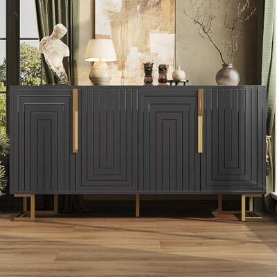 Merax Schwarzes Sideboard Kommode mit Stauraum Anrichte Esszimmer mit geometrischem Design & goldenen Griffen – Modernes Sideboard 152x40x75 cm für Wohnzimmer, Esszimmer & Flur Merax Schwarzes Sideboard Kommode mit Stauraum Anrichte Esszimmer mit geometrischem Design & goldenen Griffen – Modernes Sideboard 152x40x75 cm für Wohnzimmer, Esszimmer & Flur