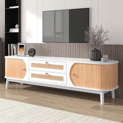 Merax TV Ständer, Lowboard TV Board mit 2 Schubladen und 2 Schiebetüren aus Massivholz, TV-Schrank mit Rattan, Landhausstil Sideboard, Fernsehschrank für Wohnzimmer Esszimmer, 170cm, Natur & Weiß Merax TV Ständer, Lowboard TV Board mit 2 Schubladen und 2 Schiebetüren aus Massivholz, TV-Schrank mit Rattan, Landhausstil Sideboard, Fernsehschrank für Wohnzimmer Esszimmer, 170cm, Natur & Weiß
