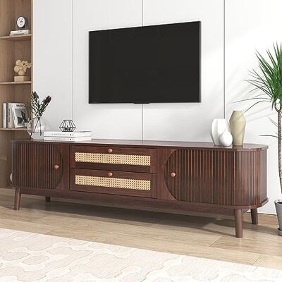 Merax TV Ständer, Lowboard TV Board mit 2 Schubladen und 2 Schiebetüren aus Massivholz, TV-Schrank mit Rattan, Landhausstil Sideboard, Fernsehschrank für Wohnzimmer Esszimmer, 170cm, Braun Merax TV Ständer, Lowboard TV Board mit 2 Schubladen und 2 Schiebetüren aus Massivholz, TV-Schrank mit Rattan, Landhausstil Sideboard, Fernsehschrank für Wohnzimmer Esszimmer, 170cm, Braun