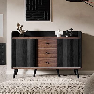 BTM Sideboard, 2 Gestreifte Schiebetüren & 3 Schubladen & Verstellbaren Regalen & Erhöhter Rand & 6 Massivholzbeine, Kommode Schrank Wohnzimmer Schlafzimmer Esszimmer Flur, 120 x40x80cm, Holz BTM Sideboard, 2 Gestreifte Schiebetüren & 3 Schubladen & Verstellbaren Regalen & Erhöhter Rand & 6 Massivholzbeine, Kommode Schrank Wohnzimmer Schlafzimmer Esszimmer Flur, 120 x40x80cm, Holz