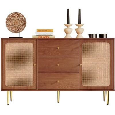 BTM Kommode mit 2 Türen und 3 Schubladen, Rattan Türkommoden mit Schubkasten, Verstellbare Ablage, für Wohnzimmer Schlafzimmer, Nussbaum-H90/B150/T40 cm BTM Kommode mit 2 Türen und 3 Schubladen, Rattan Türkommoden mit Schubkasten, Verstellbare Ablage, für Wohnzimmer Schlafzimmer, Nussbaum-H90/B150/T40 cm
