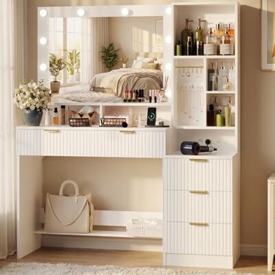 JUMMICO 114cm Schminktisch Frisiertisch mit Großem Spiegel & LED-Beleuchtung, 5 Schubladen, 7 Offene Regale und 7 Aufhängehäkchen, Kosmetiktisch für Mädchen & Frauen, Schlafzimmer Möbel, Gletscherweiß JUMMICO 114cm Schminktisch Frisiertisch mit Großem Spiegel & LED-Beleuchtung, 5 Schubladen, 7 Offene Regale und 7 Aufhängehäkchen, Kosmetiktisch für Mädchen & Frauen, Schlafzimmer Möbel, Gletscherweiß