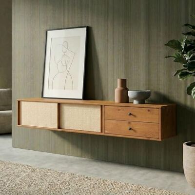 IDIMEX Lowboard SIMONA 175 cm hängend aus Massivholz, Eiche Finish TV Hägekonsole mit Rattangeflecht und 2 Schiebetüren, Wohnzimmermöbel mit großzügigem Stauraum, Wandmontage Sideboard im Mid Century Style IDIMEX Lowboard SIMONA 175 cm hängend aus Massivholz, Eiche Finish TV Hägekonsole mit Rattangeflecht und 2 Schiebetüren, Wohnzimmermöbel mit großzügigem Stauraum, Wandmontage Sideboard im Mid Century Style