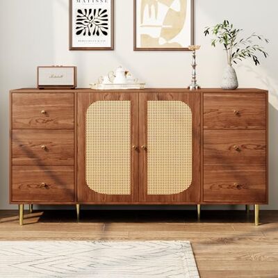 Merax Sideboard Kommode mit 2 Schränken & 6 Schublade, Moderne Buffetschrank mit viel Stauraum, Rattan-Holzschränke, Landhausstil, Beistellschrank für Schlafzimmer, Wohnzimmer, Esszimmer, Braun, 160cm Merax Sideboard Kommode mit 2 Schränken & 6 Schublade, Moderne Buffetschrank mit viel Stauraum, Rattan-Holzschränke, Landhausstil, Beistellschrank für Schlafzimmer, Wohnzimmer, Esszimmer, Braun, 160cm