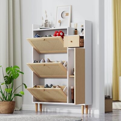 BTM Schuhschrank, Rattan Holz Schuhkipper mit 3 Klappen & Schublade & Tür & Massivholzbeinen, 90x17x125cm, Natur & Weiß BTM Schuhschrank, Rattan Holz Schuhkipper mit 3 Klappen & Schublade & Tür & Massivholzbeinen, 90x17x125cm, Natur & Weiß