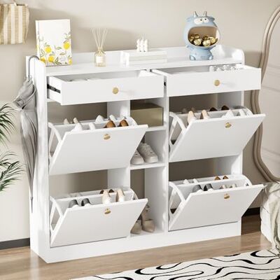Merax Schuhschrank 110x26x100 cm, mit 4 Klapptüren 2 Schubladen 3 offenen Fächern, Platzsparender Schuhschrank mit Viel Stauraum, für Flur, Eingangsbereich, Einfach Montage, Weiß Merax Schuhschrank 110x26x100 cm, mit 4 Klapptüren 2 Schubladen 3 offenen Fächern, Platzsparender Schuhschrank mit Viel Stauraum, für Flur, Eingangsbereich, Einfach Montage, Weiß