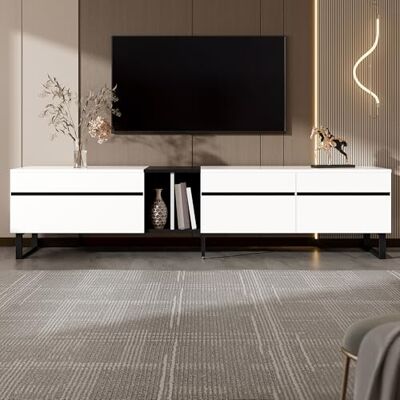 BTM Modernes TV-Lowboard 180 cm in Weiß mit Klappfach, offenen Fächern und Doppeltüren – Minimalistischer Fernsehschrank als Sideboard, TV-Möbel & Wohnzimmerschrank mit viel Stauraum BTM Modernes TV-Lowboard 180 cm in Weiß mit Klappfach, offenen Fächern und Doppeltüren – Minimalistischer Fernsehschrank als Sideboard, TV-Möbel & Wohnzimmerschrank mit viel Stauraum