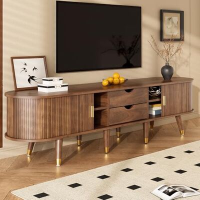 BTM TV-Schrank 175 cm mit Rattan-Schiebetür, Walnussoptik & viel Stauraum – Landhausstil Fernsehtisch aus MDF mit offenen Fächern, Schubladen & Schrank – natürliches Design BTM TV-Schrank 175 cm mit Rattan-Schiebetür, Walnussoptik & viel Stauraum – Landhausstil Fernsehtisch aus MDF mit offenen Fächern, Schubladen & Schrank – natürliches Design