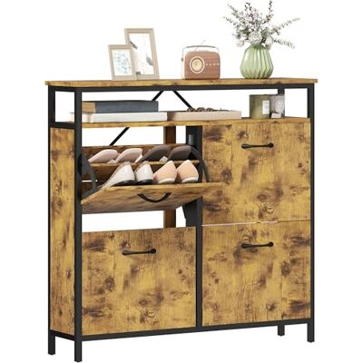 HOMCOM Schuhschrank mit 4 Klappen Schmal Schuhkipper mit Verstellbar Trennwand, offenem Fach Schuhregal für 12-20 Paar Schuhe Schuhaufbewahrung Schuhkommode für Flur, Eingang 98x24x95cm Rustikal Braun HOMCOM Schuhschrank mit 4 Klappen Schmal Schuhkipper mit Verstellbar Trennwand, offenem Fach Schuhregal für 12-20 Paar Schuhe Schuhaufbewahrung Schuhkommode für Flur, Eingang 98x24x95cm Rustikal Braun