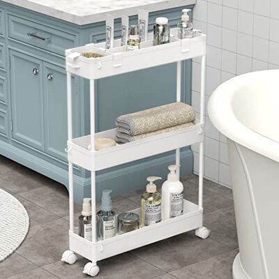 SPACELEAD SAKA Schlanker Aufbewahrungswagen, 3 Etagen, Badezimmer, Rollwagen, Aufbewahrungs-Organizer, ausziehbarer Wagen, mobiles Regal, Organizer für Büro, Badezimmer, Küche, Waschküche, schmale Orte, Weiß SPACELEAD SAKA Schlanker Aufbewahrungswagen, 3 Etagen, Badezimmer, Rollwagen, Aufbewahrungs-Organizer, ausziehbarer Wagen, mobiles Regal, Organizer für Büro, Badezimmer, Küche, Waschküche, schmale Orte, Weiß