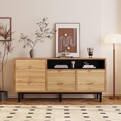 BTM Sideboard Holz & Skandinavischen Stil, Kommode mit 3 Türen & Verstellbare Regalen, Schubladenkommode Schrank, Lang Flurschrank für Flur Schlafzimmer Wohnzimmer, Breit 160 x35x76 cm, Eiche BTM Sideboard Holz & Skandinavischen Stil, Kommode mit 3 Türen & Verstellbare Regalen, Schubladenkommode Schrank, Lang Flurschrank für Flur Schlafzimmer Wohnzimmer, Breit 160 x35x76 cm, Eiche