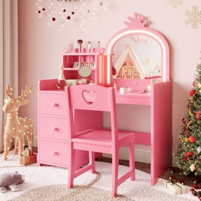 GarveeLife 2-in-1-Schminktisch und Schreibtisch für Kinder mit Stuhl, Schminktisch für Mädchen mit LED-Spiegel & Schließfach, Schminktisch aus Holz mit Schublade & Regal, ab 3 Jahren GarveeLife 2-in-1-Schminktisch und Schreibtisch für Kinder mit Stuhl, Schminktisch für Mädchen mit LED-Spiegel & Schließfach, Schminktisch aus Holz mit Schublade & Regal, ab 3 Jahren
