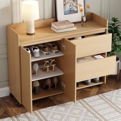Merax Schuhschrank Schuhregal mit Rollen & Schubladen, Beweglicher Schuhschrank mit Universalrad und Bremse, Verstellbare Regale & Offene Fächer, für Flur & Wohnzimmer, 110 L x 35 B x 86 H(cm) Merax Schuhschrank Schuhregal mit Rollen & Schubladen, Beweglicher Schuhschrank mit Universalrad und Bremse, Verstellbare Regale & Offene Fächer, für Flur & Wohnzimmer, 110 L x 35 B x 86 H(cm)
