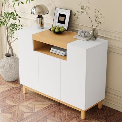 Merax Sideboard modern 120,5x42x96cm, mit 3 Türen, offenes Regal, Wohn- & Esszimmer, minimalistischer Stil, kompakter Stauraum, Weiß Merax Sideboard modern 120,5x42x96cm, mit 3 Türen, offenes Regal, Wohn- & Esszimmer, minimalistischer Stil, kompakter Stauraum, Weiß