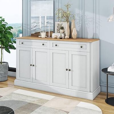 Merax Sideboard Kommode mit 4 Türen und 2 Schubladen, Buffetschrank mit viel Stauraum, Verstellbares Regal, Holz Mehrzweckschrank für Flur Esszimmer Wohnzimmer, Landhausstil, Weiß und Holzfarbe Merax Sideboard Kommode mit 4 Türen und 2 Schubladen, Buffetschrank mit viel Stauraum, Verstellbares Regal, Holz Mehrzweckschrank für Flur Esszimmer Wohnzimmer, Landhausstil, Weiß und Holzfarbe