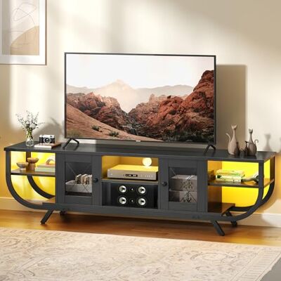 YITAHOME Industrielles TV-Schrank,160cm TV Lowboard für Fernseher bis zu 65 Zoll mit LED-Beleuchtung,Wohnzimmer Fernsehschrank TV Board mit Offenen Stauraum,Schwarz YITAHOME Industrielles TV-Schrank,160cm TV Lowboard für Fernseher bis zu 65 Zoll mit LED-Beleuchtung,Wohnzimmer Fernsehschrank TV Board mit Offenen Stauraum,Schwarz