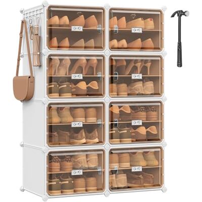 SONGMICS Schuhregal mit 8 Fächern, Schuhschrank, 30 x 45 x 30 cm pro Fach, durchsichtige Tür, Metallrahmen, für 32 Paar Schuhe, Flur, Schlafzimmer, wolkenweiß-transparentes Braun LPC054WH01 SONGMICS Schuhregal mit 8 Fächern, Schuhschrank, 30 x 45 x 30 cm pro Fach, durchsichtige Tür, Metallrahmen, für 32 Paar Schuhe, Flur, Schlafzimmer, wolkenweiß-transparentes Braun LPC054WH01