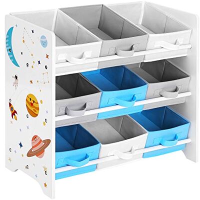SONGMICS Kinderzimmerregal, Spielzeug-Organizer, Bücherregal für Kinder, mit 9 Aufbewahrungsboxen aus Fleece, Kinderzimmer, Schule, Kindergarten, 62,5 x 29,5 x 60 cm, Weltall-Motive, weiß GKR33WT SONGMICS Kinderzimmerregal, Spielzeug-Organizer, Bücherregal für Kinder, mit 9 Aufbewahrungsboxen aus Fleece, Kinderzimmer, Schule, Kindergarten, 62,5 x 29,5 x 60 cm, Weltall-Motive, weiß GKR33WT