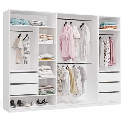 BDW OPENO Modulares Garderoben Set – Offener Kleiderschrank Moderne Garderobe mit Kleiderstangen, Schubladen, Regalen und Aufsätzen für Schlafzimmer, Flur oder Ankleidezimmer Modul 260x200, Weiß BDW OPENO Modulares Garderoben Set – Offener Kleiderschrank Moderne Garderobe mit Kleiderstangen, Schubladen, Regalen und Aufsätzen für Schlafzimmer, Flur oder Ankleidezimmer Modul 260x200, Weiß