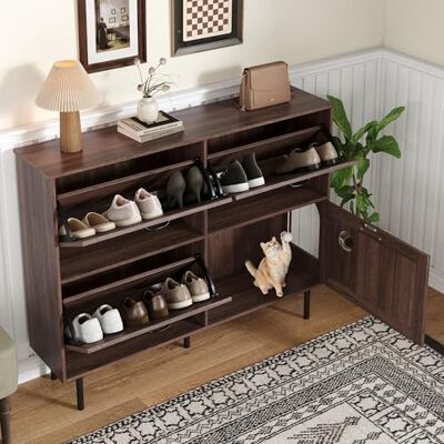 Merax Schuhschrank schmal mit 3 Klappen und Ablage 120 L x 28 B x 92 H(cm) – moderner Schuhkipper Schuhregal für Flur & Diele, platzsparender Schuhschrank mit Stauraum, Walnussholz Optik Merax Schuhschrank schmal mit 3 Klappen und Ablage 120 L x 28 B x 92 H(cm) – moderner Schuhkipper Schuhregal für Flur & Diele, platzsparender Schuhschrank mit Stauraum, Walnussholz Optik