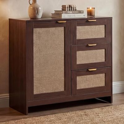 Mendler Kommode HWC-P50 MDF Melamin Leinenfront Walnuss-Optik Schrank, Sideboard, Highboard, Schubladen, Staufach Mendler Kommode HWC-P50 MDF Melamin Leinenfront Walnuss-Optik Schrank, Sideboard, Highboard, Schubladen, Staufach