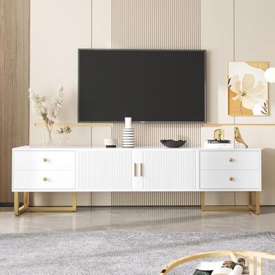 BTM TV-Schrank, niedriges Paneel mit strukturierter Tür, TV-Möbel Schubladen, goldenen Griffen und Füßen BTM TV-Schrank, niedriges Paneel mit strukturierter Tür, TV-Möbel Schubladen, goldenen Griffen und Füßen