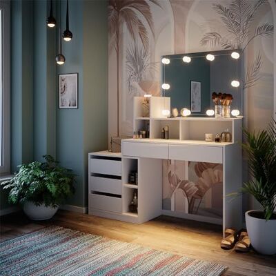 Vicco Schminktisch Anja, Weiß 139.8 cm ✓ Spiegel mit LED-Lichterkette · 5 Schubladen · Freistehend · mit Regalaufsatz · Offene Ablagefächer Vicco Schminktisch Anja, Weiß 139.8 cm ✓ Spiegel mit LED-Lichterkette · 5 Schubladen · Freistehend · mit Regalaufsatz · Offene Ablagefächer