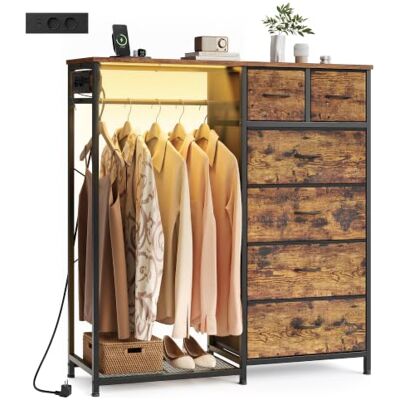 SONGMICS Kommode mit 6 Stoff Schubladen und Kleiderstange, mit LED-Beleuchtung und Steckdosen, Kleiderstange und Schuhablage, 102,7 x 35 x 117,6 cm, für Schlafzimmer, Rustikales Braun LGS523K102 SONGMICS Kommode mit 6 Stoff Schubladen und Kleiderstange, mit LED-Beleuchtung und Steckdosen, Kleiderstange und Schuhablage, 102,7 x 35 x 117,6 cm, für Schlafzimmer, Rustikales Braun LGS523K102