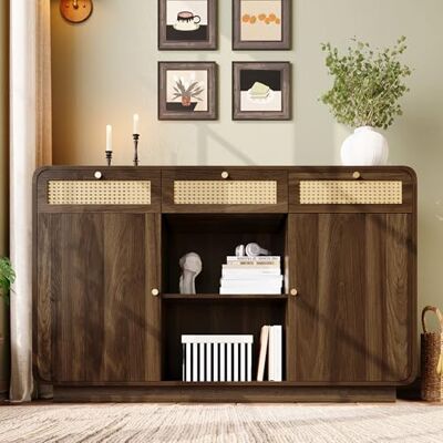 Merax Rattan Sideboard – Kommode mit 3 Schubladen & 2 Türen, Schubladenschrank mit Goldgriffen & offenem Regal, Höhenverstellbare Einlegeböden, für Wohnzimmer & Esszimmer,Nussbaum 120x40x85cm Merax Rattan Sideboard – Kommode mit 3 Schubladen & 2 Türen, Schubladenschrank mit Goldgriffen & offenem Regal, Höhenverstellbare Einlegeböden, für Wohnzimmer & Esszimmer,Nussbaum 120x40x85cm