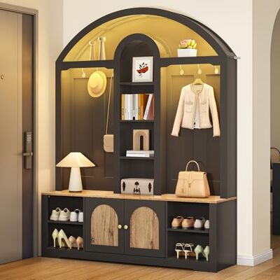 Merax Multifunktionaler Kleiderschrank für Eingangsbereich mit Schuhregal, Ablagen und Haken, moderner Garderobenschrank mit gebogenem Design, Doppeltür-Stauraum und offenem Regal, Schwarz Merax Multifunktionaler Kleiderschrank für Eingangsbereich mit Schuhregal, Ablagen und Haken, moderner Garderobenschrank mit gebogenem Design, Doppeltür-Stauraum und offenem Regal, Schwarz