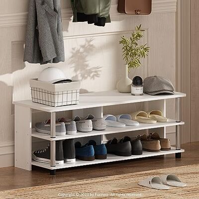 Furinno Turn-N-Tube Schuhregal, 3-stöckiger Schuh-Organizer, kompakte Schuhaufbewahrung mit offenen Regalen und Edelstahlrohren, 39.4 x 104.4 x 40.1 cm, für Schrank, Büro, Garage, Weiße Eiche Furinno Turn-N-Tube Schuhregal, 3-stöckiger Schuh-Organizer, kompakte Schuhaufbewahrung mit offenen Regalen und Edelstahlrohren, 39.4 x 104.4 x 40.1 cm, für Schrank, Büro, Garage, Weiße Eiche