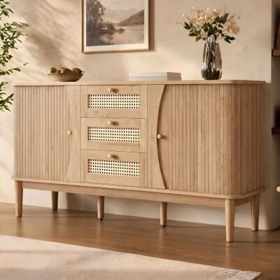 Merax Sideboard 141×40×77 cm, Rattankommode mit Schiebetüren, verstellbaren Einlegeböden, abgerundete Platte, stilvoller Stauraum für Wohnzimmer, Esszimmer & Flur, Holzfarbe Merax Sideboard 141×40×77 cm, Rattankommode mit Schiebetüren, verstellbaren Einlegeböden, abgerundete Platte, stilvoller Stauraum für Wohnzimmer, Esszimmer & Flur, Holzfarbe