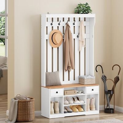 YITAHOME Garderobenständer mit Schuhbank, Garderobe 9 Haken, Flurgarderobe Kleiderständer Schuhschrank 2 Stoff Schubladen, Garderobenschrank Holz Schuhschrank für Diele Flur Wohnzimmer, 100x35x180cm YITAHOME Garderobenständer mit Schuhbank, Garderobe 9 Haken, Flurgarderobe Kleiderständer Schuhschrank 2 Stoff Schubladen, Garderobenschrank Holz Schuhschrank für Diele Flur Wohnzimmer, 100x35x180cm