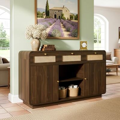 BTM Kommode Sideboard 120cm Nussbaum, Schubladenschrank mit Rattan & Goldgriffen, 3 Schubladen + 2 Schränke + offenes Regal, Höhenverstellbare Einlegeböden, H85/B120/T40 cm BTM Kommode Sideboard 120cm Nussbaum, Schubladenschrank mit Rattan & Goldgriffen, 3 Schubladen + 2 Schränke + offenes Regal, Höhenverstellbare Einlegeböden, H85/B120/T40 cm