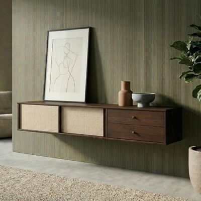 IDIMEX Lowboard SIMONA 175 cm hängend aus Massivholz, Nussbaum Finish TV Hägekonsole mit 2 Schiebetüren und Rattan, Wohnzimmermöbel mit großzügigem Stauraum, Wandmontage Sideboard im Mid Century Style IDIMEX Lowboard SIMONA 175 cm hängend aus Massivholz, Nussbaum Finish TV Hägekonsole mit 2 Schiebetüren und Rattan, Wohnzimmermöbel mit großzügigem Stauraum, Wandmontage Sideboard im Mid Century Style