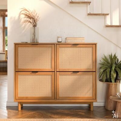 IDIMEX Schuhkipper CEFIRA mit 4 Klappen, aus Massivholz Eiche Finish 116 x 95 x 25 cm (B x H x T), Kiefer massiv, Rattangeflecht, Platz für 16-20 Paar Schuhe, modern, Schuhschrank schmal, Flur IDIMEX Schuhkipper CEFIRA mit 4 Klappen, aus Massivholz Eiche Finish 116 x 95 x 25 cm (B x H x T), Kiefer massiv, Rattangeflecht, Platz für 16-20 Paar Schuhe, modern, Schuhschrank schmal, Flur